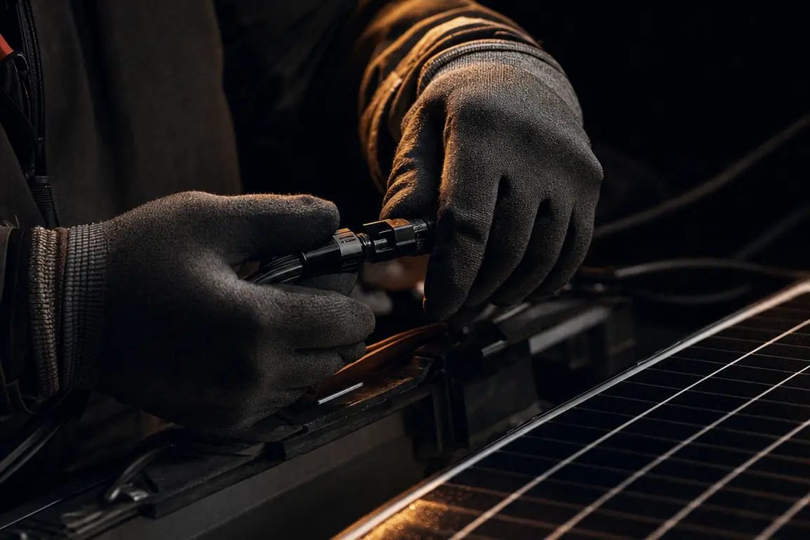 Technician wiring a solar installation